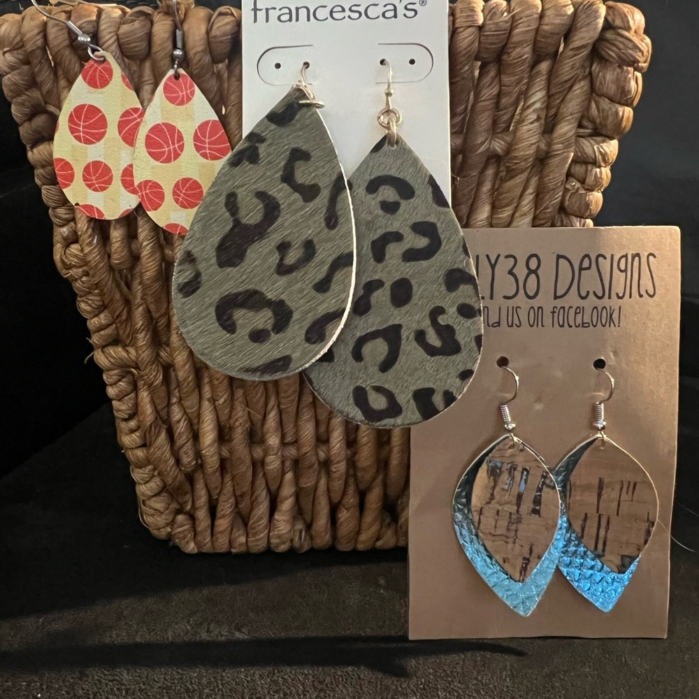 Olive Green & Black, Red & Yellow basketball, & blue cork tear drop earrings.